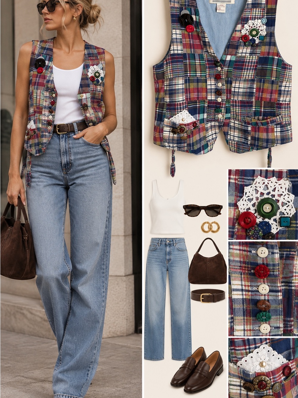 Vintage Karen Scott Patchwork Plaid Vest Embellished Buttons Crochet